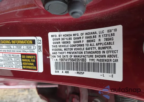 2010 Honda Civic Lx from USA, damaged, VIN 19XFA1F55AE051003